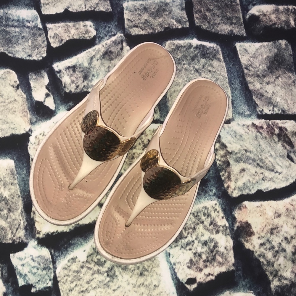 Crocs • White sole Cream top Heeled Sandals Gold Medallion